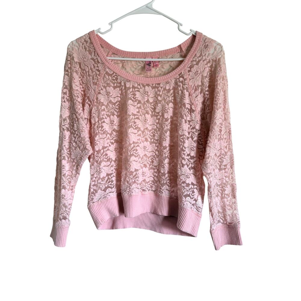 Dolled Up Pink Lace Long Sleeve Crop Top Large Coquette McBling Y2K Balletcore